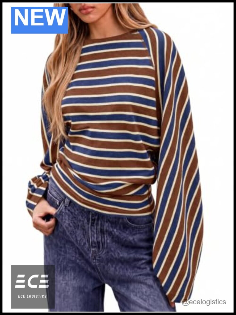 Womens Long Bell Sleeve Striped T-Shirt Relaxed Fit Pullover Casual Top